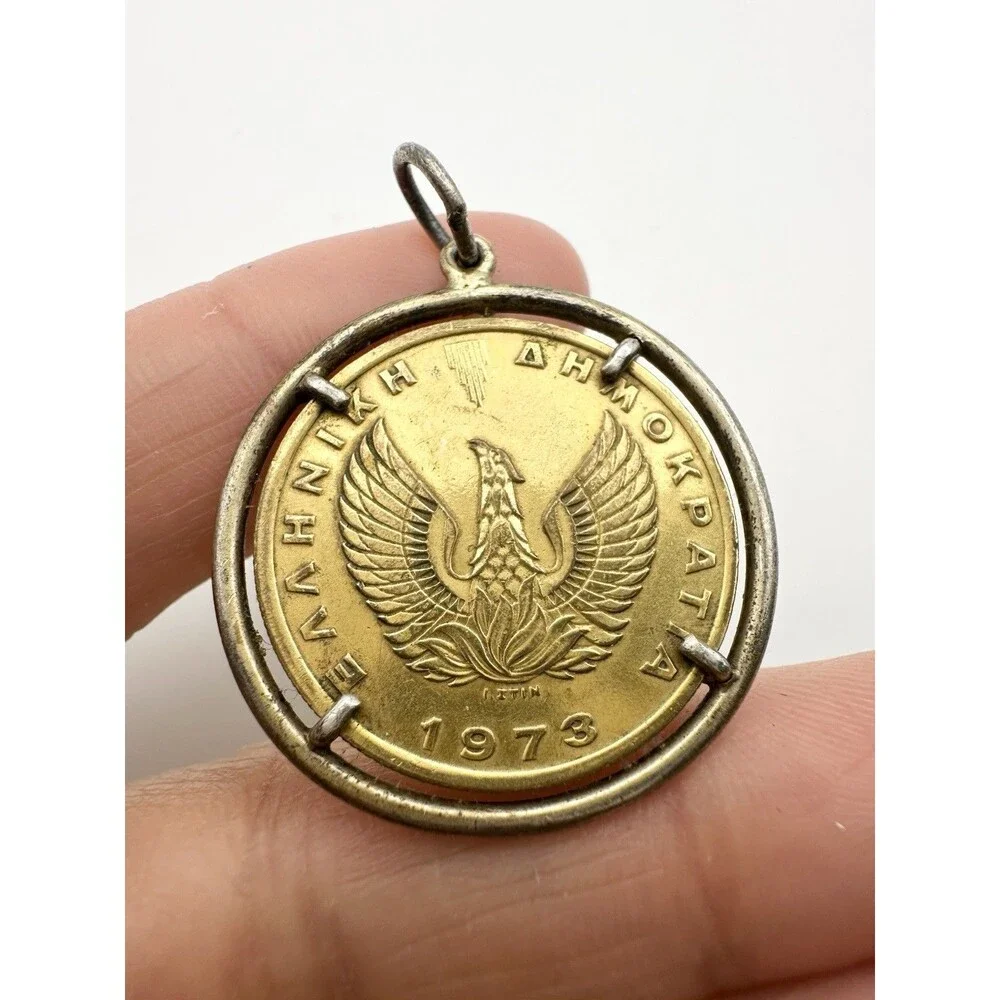 Handmade Greece 2 Drachma Coin Owl Pendant 1973